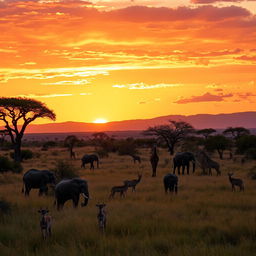 A serene savanna landscape during golden hour, featuring a diverse range of wildlife including elephants, giraffes, and antelopes grazing peacefully