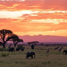 A serene savanna landscape during golden hour, featuring a diverse range of wildlife including elephants, giraffes, and antelopes grazing peacefully