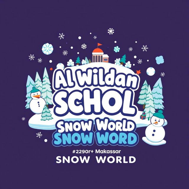 A creative t-shirt design for a field trip featuring 'Al Wildan Islamic School Makassar' themed around 'Snow World' at Trans Studio Makassar