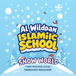 A creative t-shirt design for a field trip featuring 'Al Wildan Islamic School Makassar' themed around 'Snow World' at Trans Studio Makassar