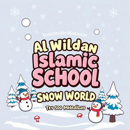 A creative t-shirt design for a field trip featuring 'Al Wildan Islamic School Makassar' themed around 'Snow World' at Trans Studio Makassar