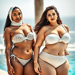 Two beautifully curvaceous women standing next to each other