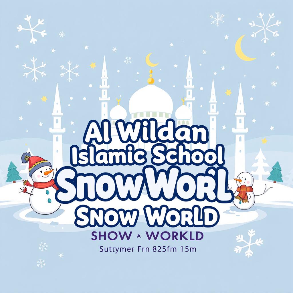 A captivating t-shirt design for a field trip showcasing 'Al Wildan Islamic School Makassar' with a theme of 'Snow World' at Trans Studio Makassar, integrated with Islamic elements