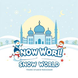 A captivating t-shirt design for a field trip showcasing 'Al Wildan Islamic School Makassar' with a theme of 'Snow World' at Trans Studio Makassar, integrated with Islamic elements