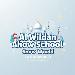 A captivating t-shirt design for a field trip showcasing 'Al Wildan Islamic School Makassar' with a theme of 'Snow World' at Trans Studio Makassar, integrated with Islamic elements