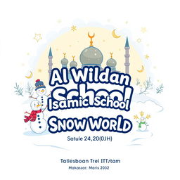 A captivating t-shirt design for a field trip showcasing 'Al Wildan Islamic School Makassar' with a theme of 'Snow World' at Trans Studio Makassar, integrated with Islamic elements