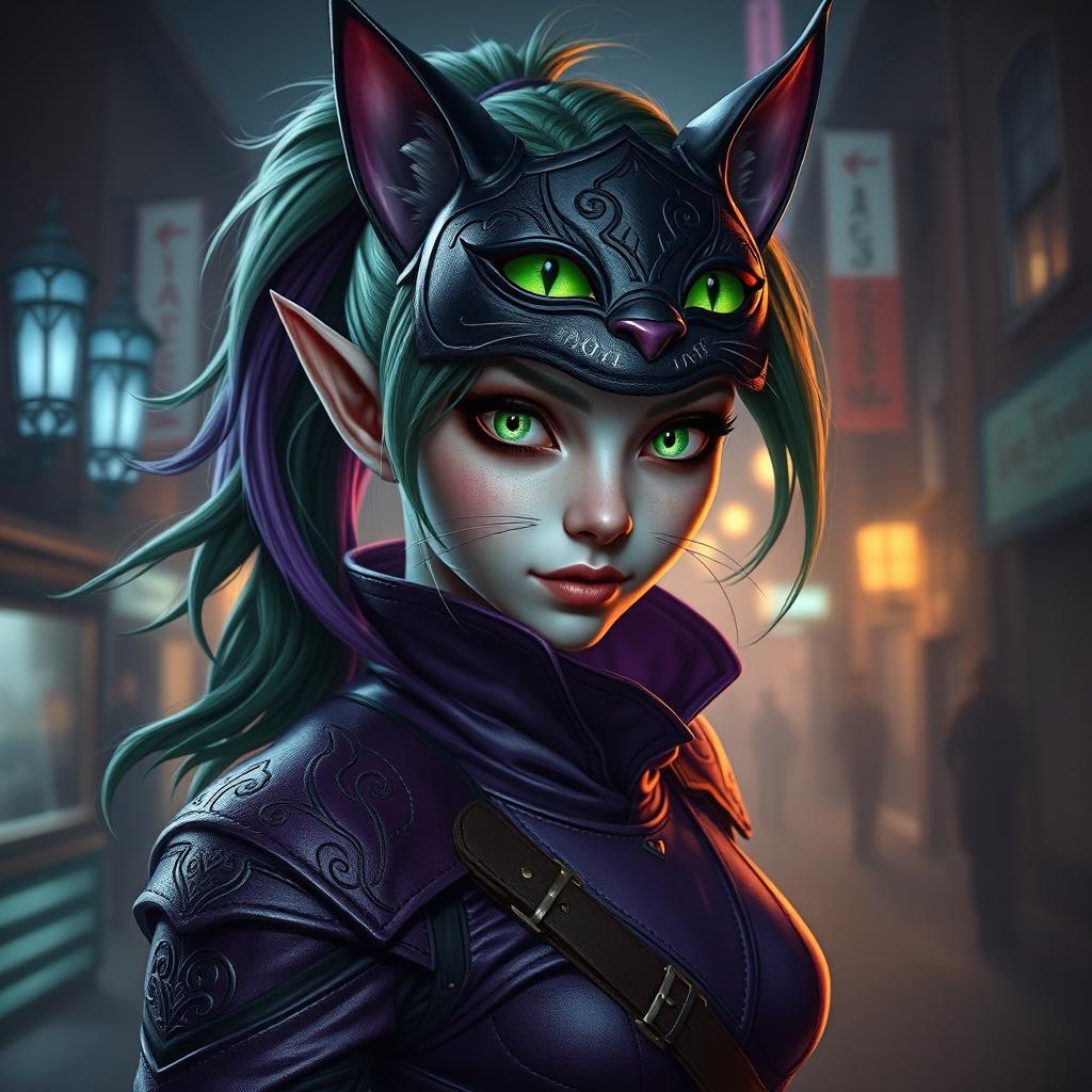 A hyperrealistic portrait of a Drow Elf featuring mesmerizing green cat eyes