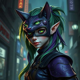 A hyperrealistic portrait of a Drow Elf featuring mesmerizing green cat eyes