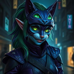 A hyperrealistic portrait of a Drow Elf featuring mesmerizing green cat eyes