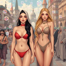 Two white-skinned women standing side by side in a vibrant crowd at the square of an elven city