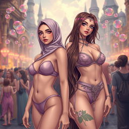 Two white-skinned women standing side by side in a vibrant crowd at the square of an elven city