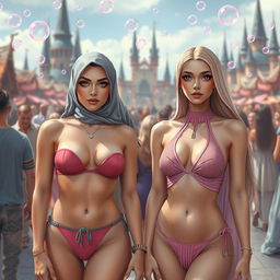 Two white-skinned women standing side by side in a vibrant crowd at the square of an elven city