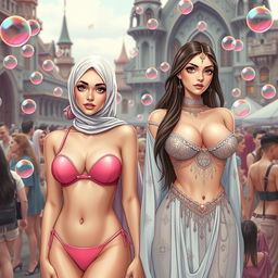 Two white-skinned women standing side by side in a vibrant crowd at the square of an elven city