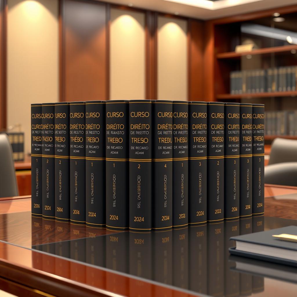 A 3D visual of twelve beautifully designed book covers for a legal book collection, each featuring the title 'Curso de Direito de Trânsito', authored by 'DR JOSÉ RICARDO ADAM', dated '2024'