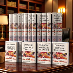 A 3D visual of twelve beautifully designed book covers for a legal book collection, each featuring the title 'Curso de Direito de Trânsito', authored by 'DR JOSÉ RICARDO ADAM', dated '2024'