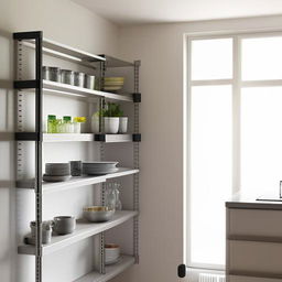 A small, yet spacious, double shelving system that doesn't reach the ceiling, designed ideally for an L-shaped kitchen