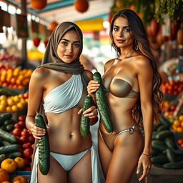 Two beautiful women standing next to each other in a vibrant market