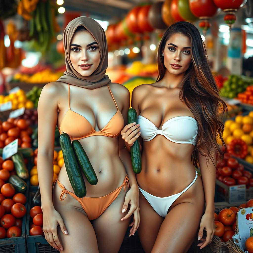 Two beautiful women standing next to each other in a vibrant market