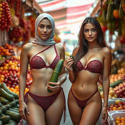 Two beautiful women standing next to each other in a vibrant market