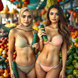 Two beautiful women standing next to each other in a vibrant market