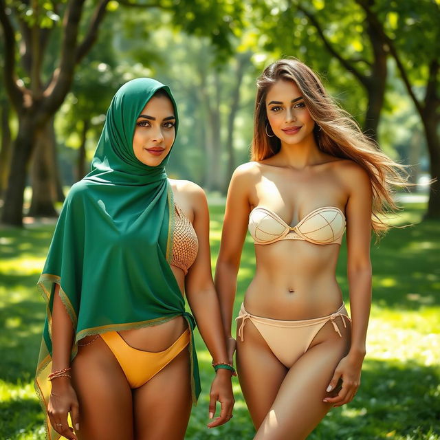 A beautiful and vibrant scene in a park, featuring two captivating women