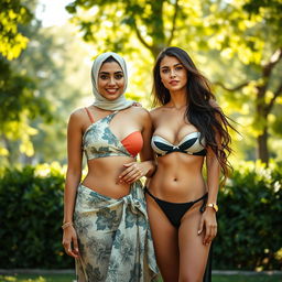 A beautiful and vibrant scene in a park, featuring two captivating women