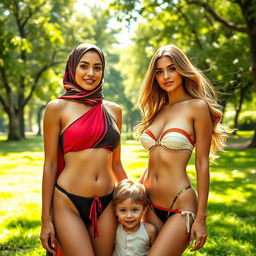 A beautiful and vibrant scene in a park, featuring two captivating women