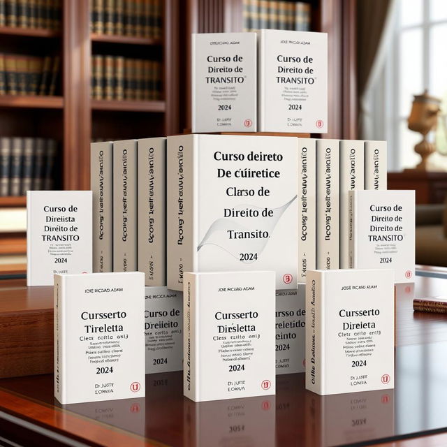 A 3D visual of twelve beautifully designed ebook covers for a legal book collection, each featuring the title 'Curso de Direito de Trânsito', authored by 'DR JOSÉ RICARDO ADAM', dated '2024'