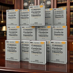 A 3D visual of twelve beautifully designed ebook covers for a legal book collection, each featuring the title 'Curso de Direito de Trânsito', authored by 'DR JOSÉ RICARDO ADAM', dated '2024'