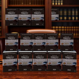 A 3D visual of twelve beautifully designed ebook covers for a legal book collection, each featuring the title 'Curso de Direito de Trânsito', authored by 'DR JOSÉ RICARDO ADAM', dated '2024'