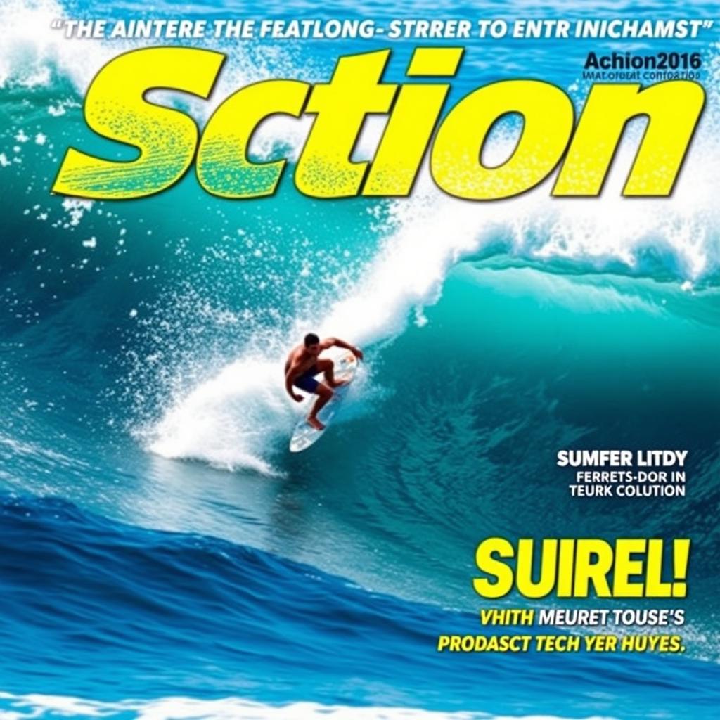 A dynamic action sports magazine cover featuring a surfer riding a massive wave, showcasing the thrilling moment of the surfboard carving through the water