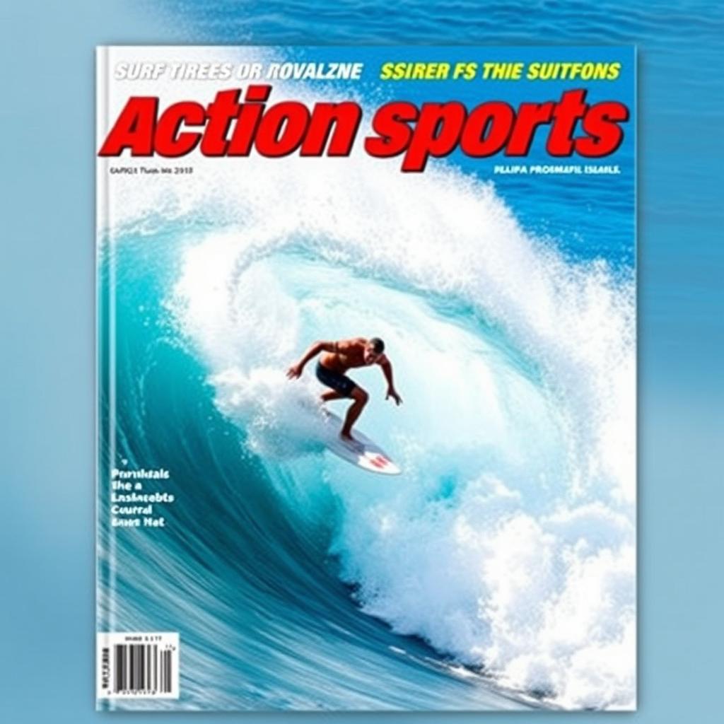 A dynamic action sports magazine cover featuring a surfer riding a massive wave, showcasing the thrilling moment of the surfboard carving through the water