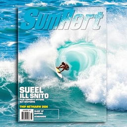 A dynamic action sports magazine cover featuring a surfer riding a massive wave, showcasing the thrilling moment of the surfboard carving through the water