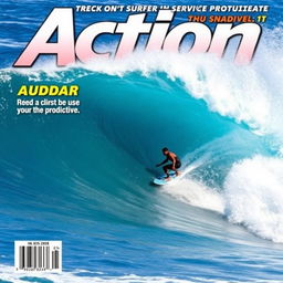 A dynamic action sports magazine cover featuring a surfer riding a massive wave, showcasing the thrilling moment of the surfboard carving through the water