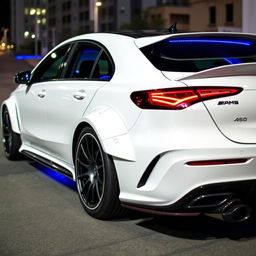 A sleek, modified Mercedes AMG A45 in a stunning white color