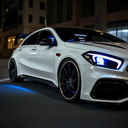 A sleek, modified Mercedes AMG A45 in a stunning white color