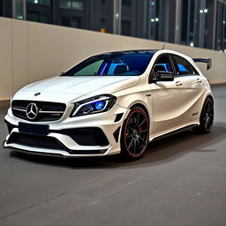 A sleek, modified Mercedes AMG A45 in a stunning white color