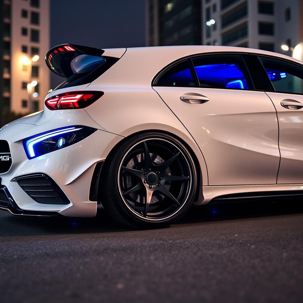 A sleek, modified Mercedes AMG A45 in a stunning white color