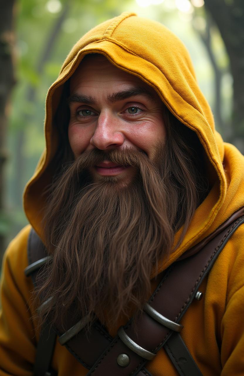 A hyper-realistic live action image of a fantasy dwarf character named Bofur from The Hobbit