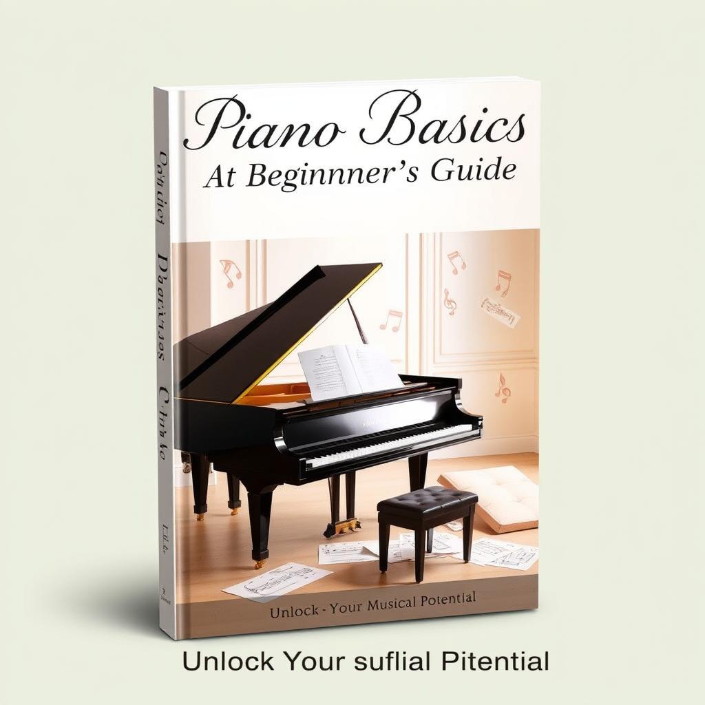 A beautiful book cover design for a beginner's piano instruction book, featuring an elegant grand piano in a softly lit room, with sheet music scattered artistically around