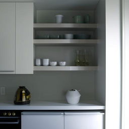 A small, yet spacious, double shelving system that doesn't reach the ceiling, designed ideally for an L-shaped kitchen