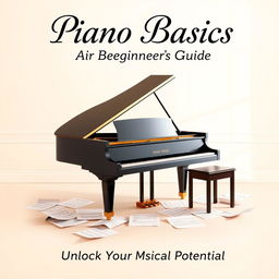 A beautiful book cover design for a beginner's piano instruction book, featuring an elegant grand piano in a softly lit room, with sheet music scattered artistically around