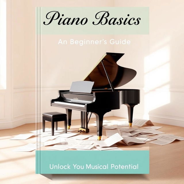 A beautiful book cover design for a beginner's piano instruction book, featuring an elegant grand piano in a softly lit room, with sheet music scattered artistically around