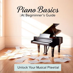 A beautiful book cover design for a beginner's piano instruction book, featuring an elegant grand piano in a softly lit room, with sheet music scattered artistically around