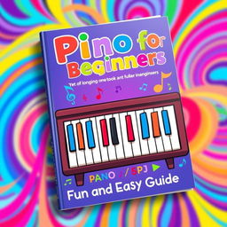 A vibrant and colorful book cover for a piano instruction book designed for beginners