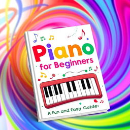 A vibrant and colorful book cover for a piano instruction book designed for beginners