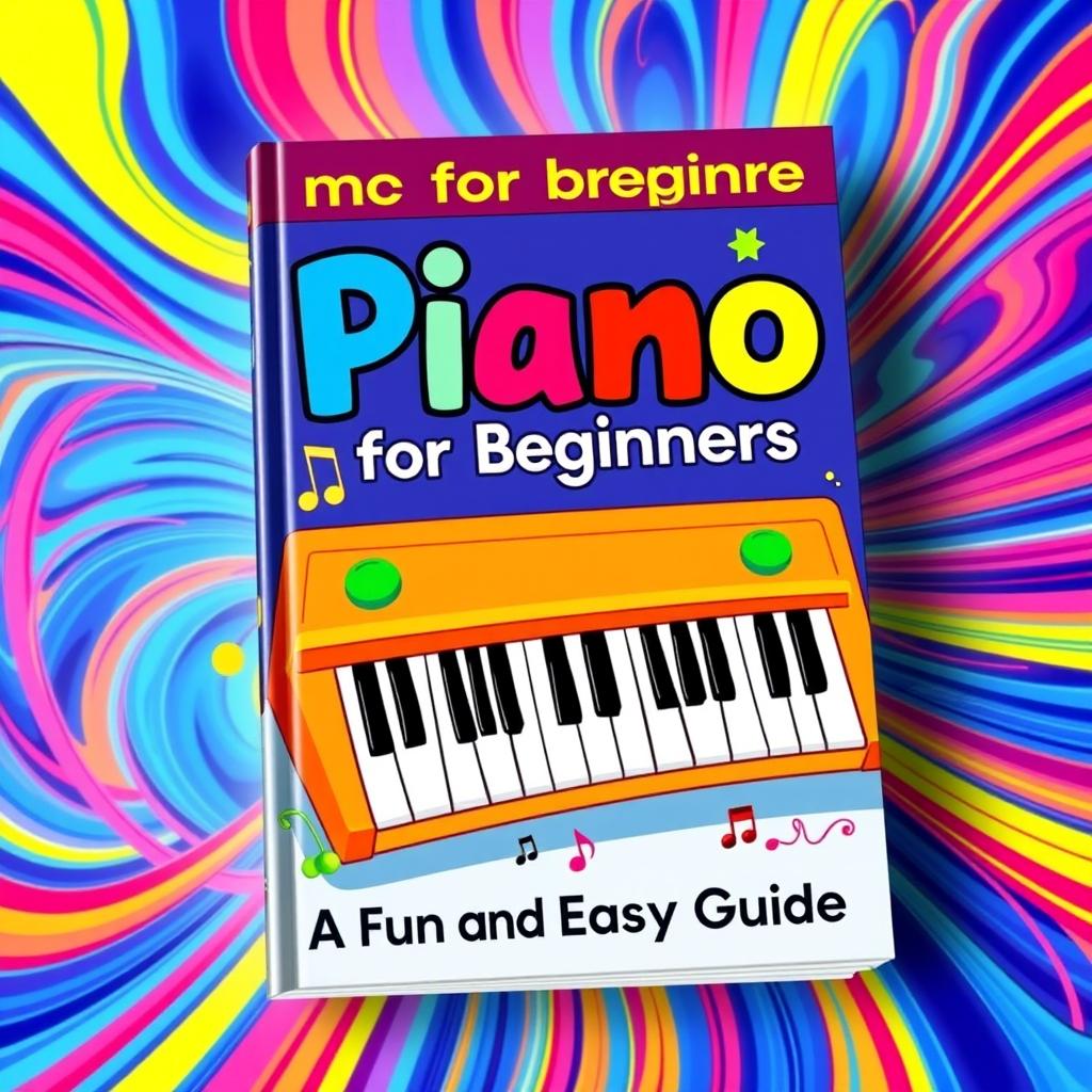 A vibrant and colorful book cover for a piano instruction book designed for beginners