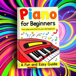 A vibrant and colorful book cover for a piano instruction book designed for beginners