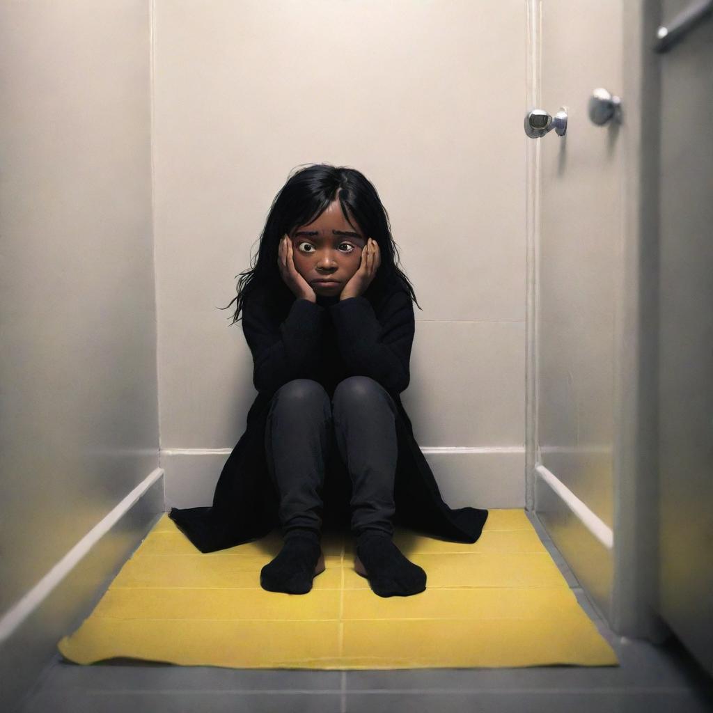 A Pixar-style illustration of a dark-skinned girl with black hair and yellow highlights in despair, sitting on a bathroom floor. She's shrouded in a black coat, concealing her face. The title 'From Inside' is prominent in the picture.