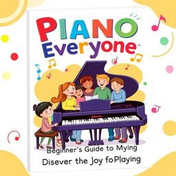 A colorful and engaging book cover design for a beginner's piano book suitable for all ages